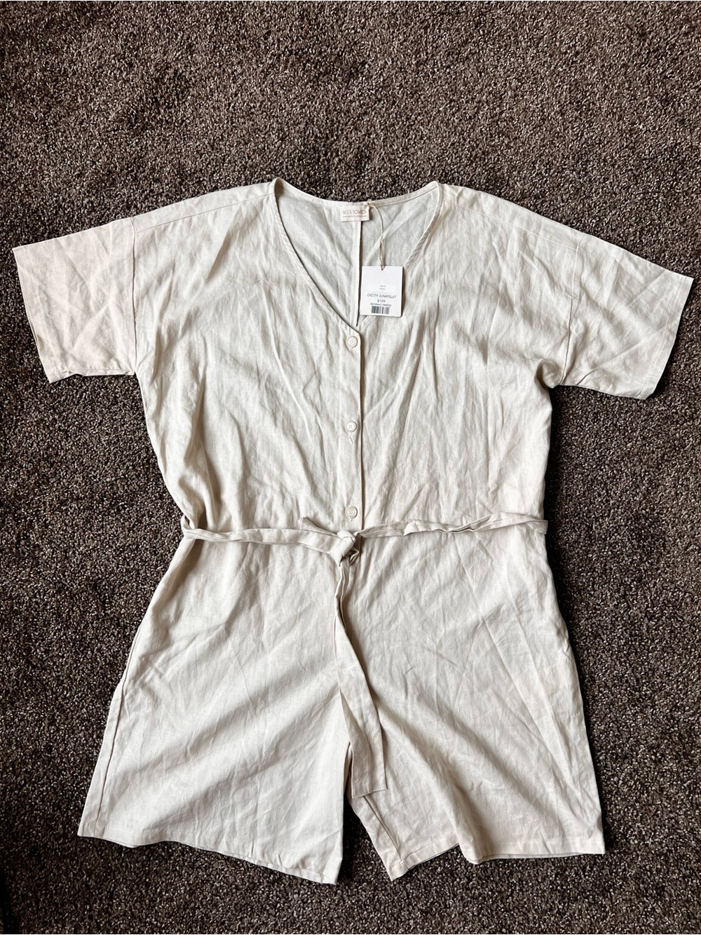 Women's Cream Short Romper with Tie Waist